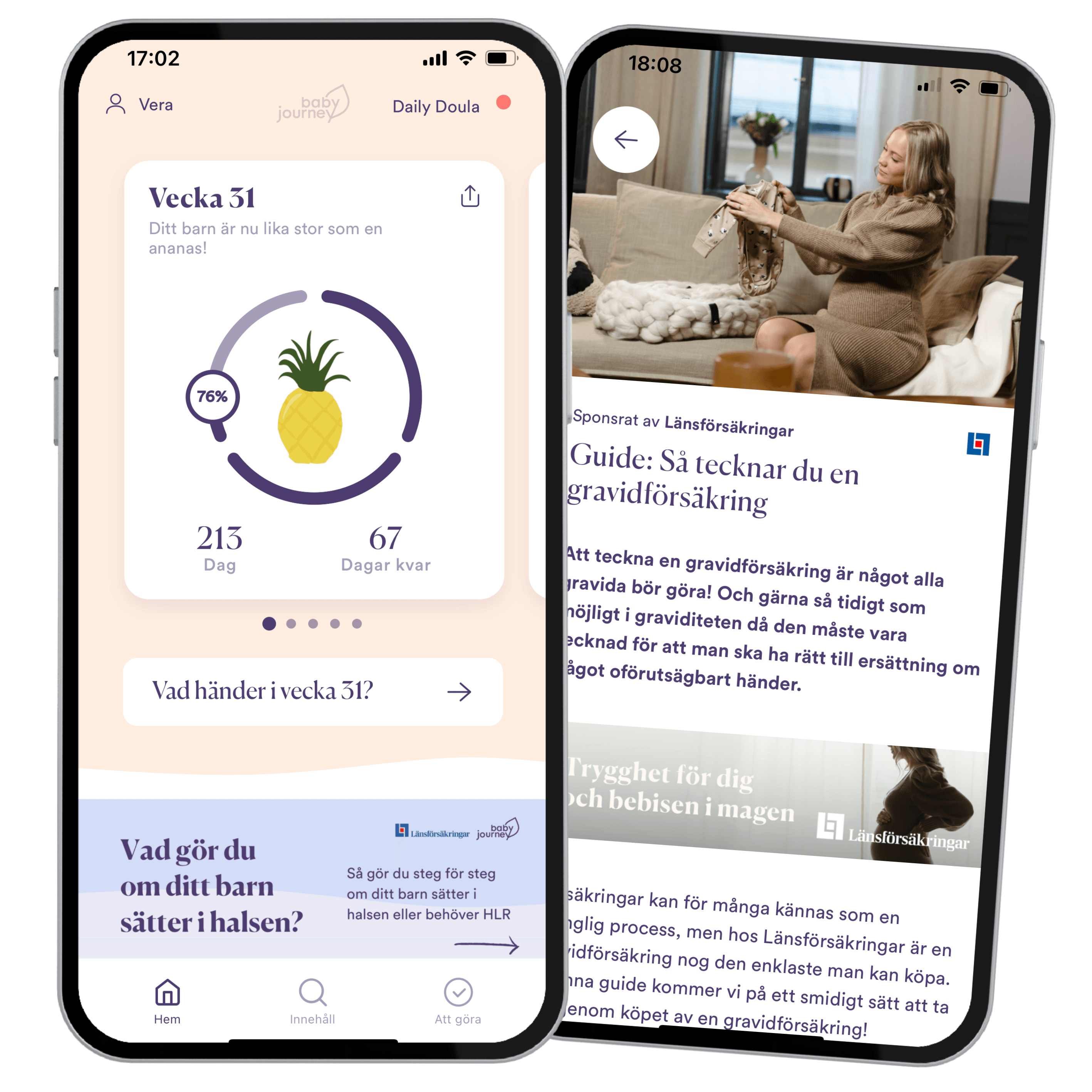 Två smartphones med skärmbilder från en graviditetsapp: den ena visar en veckouppdatering med barnets storlek och nedräkning, och den andra en artikel om gravidförsäkring.